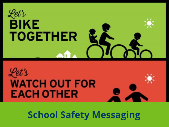 Image of two posters. The poster on top is green and says "Let's bike together" in black letters. The poster on the bottom is red and says "let's watch out for each other" in black letters.
