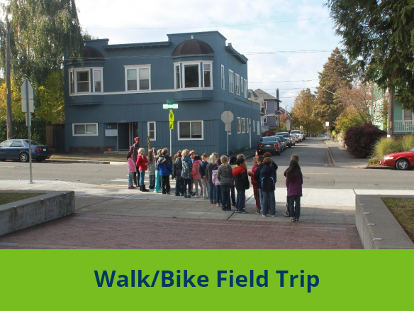 Image of students standing in a line led by an adult in front of a crosswalk